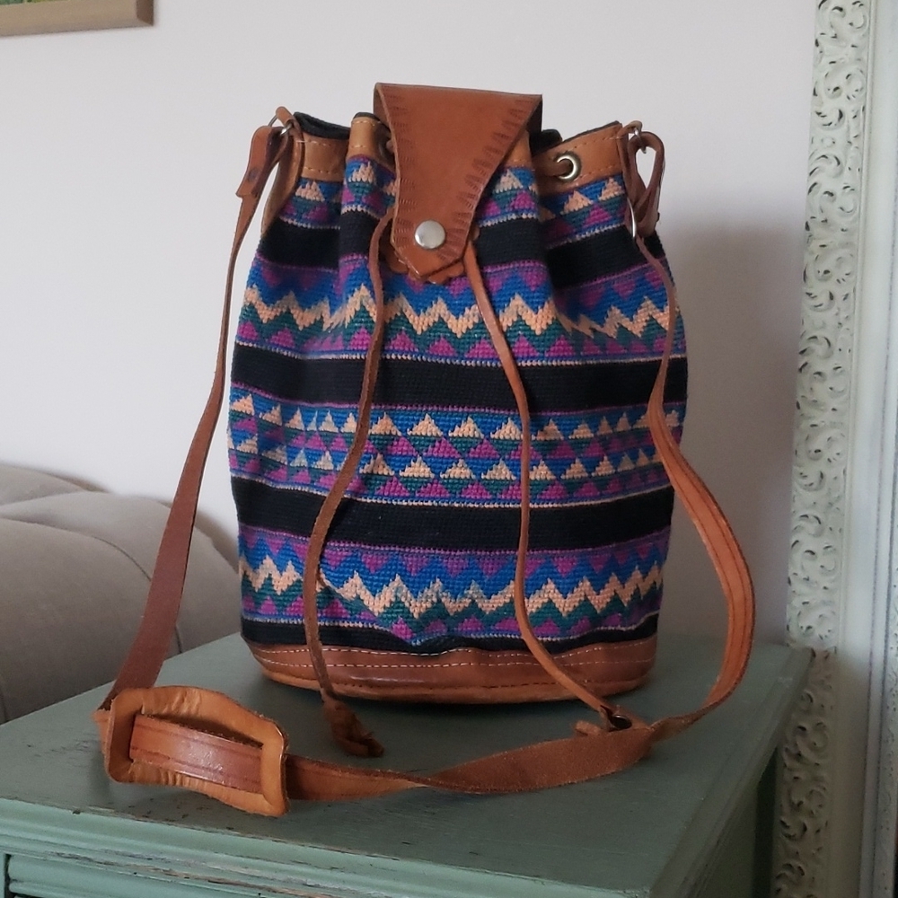 Vintage Tooled Leather Woven Tapestry Bucket Drawstring Crossbody Bag